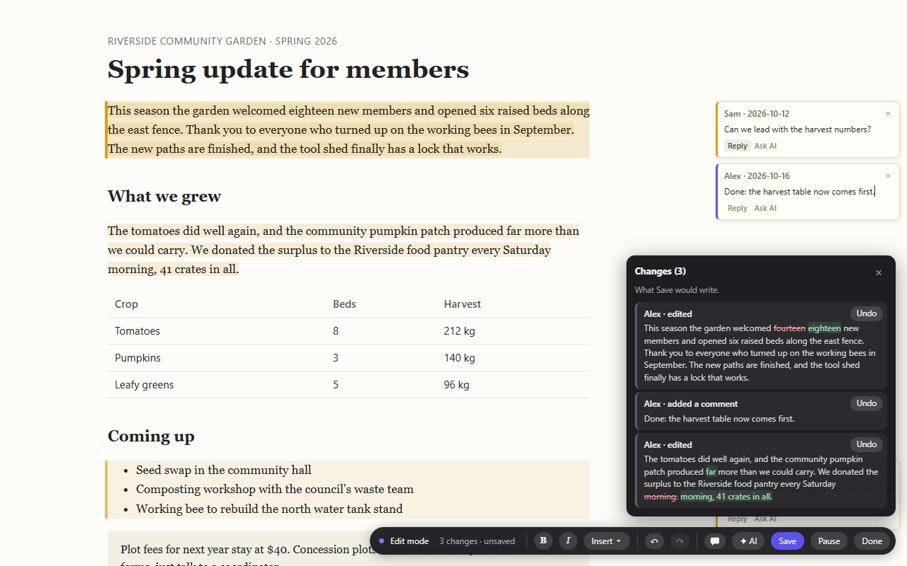 StetProof editing a community garden newsletter, with comments in the margin and the list of changes open